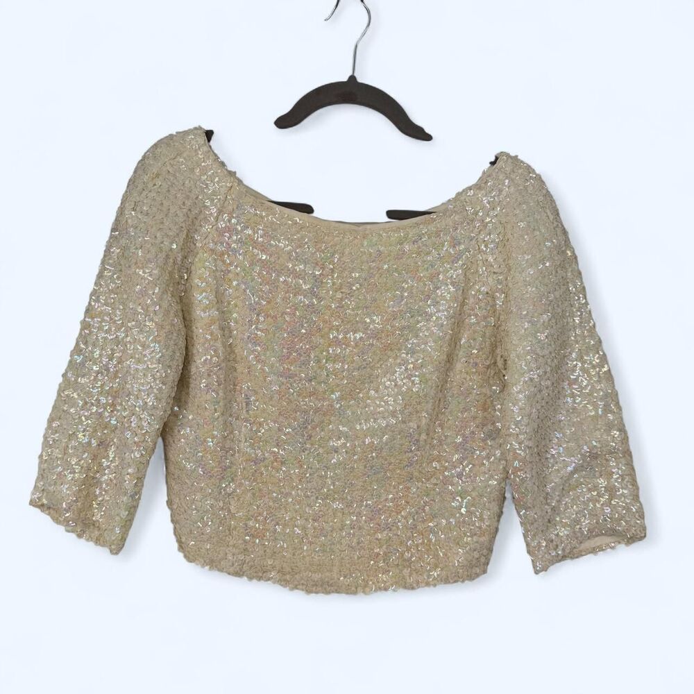 Iridescent White Sequin Cropped Top Three Quarter Sleeve Scoop Neck Blouse 60s
